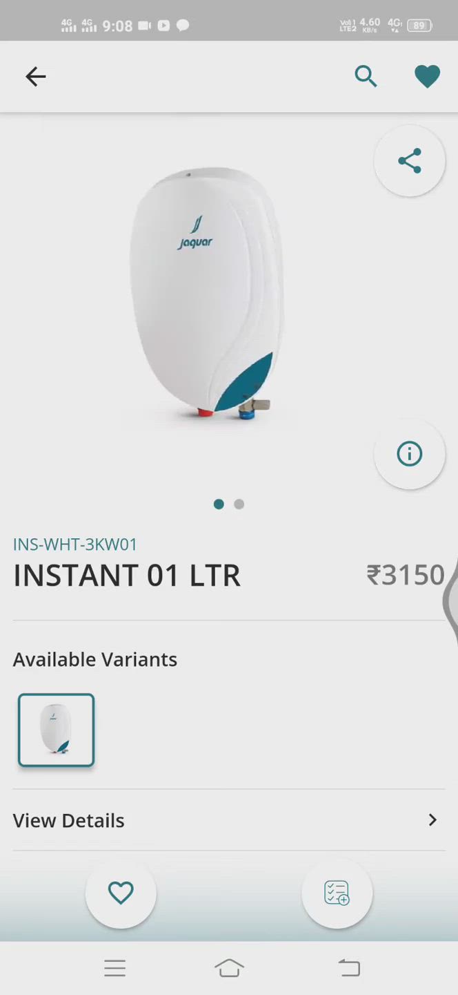 Jaquar INS-WHT-3KW01 ltr Instant Geyser in Mumbai at ₹ 3,024